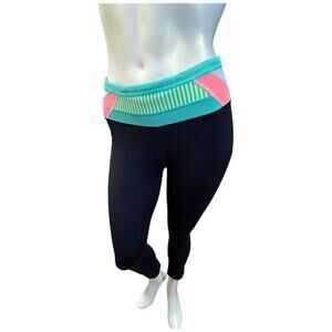 Lululemon Black Yoga Leggings Turquoise Coral Striped Waistband Size 4